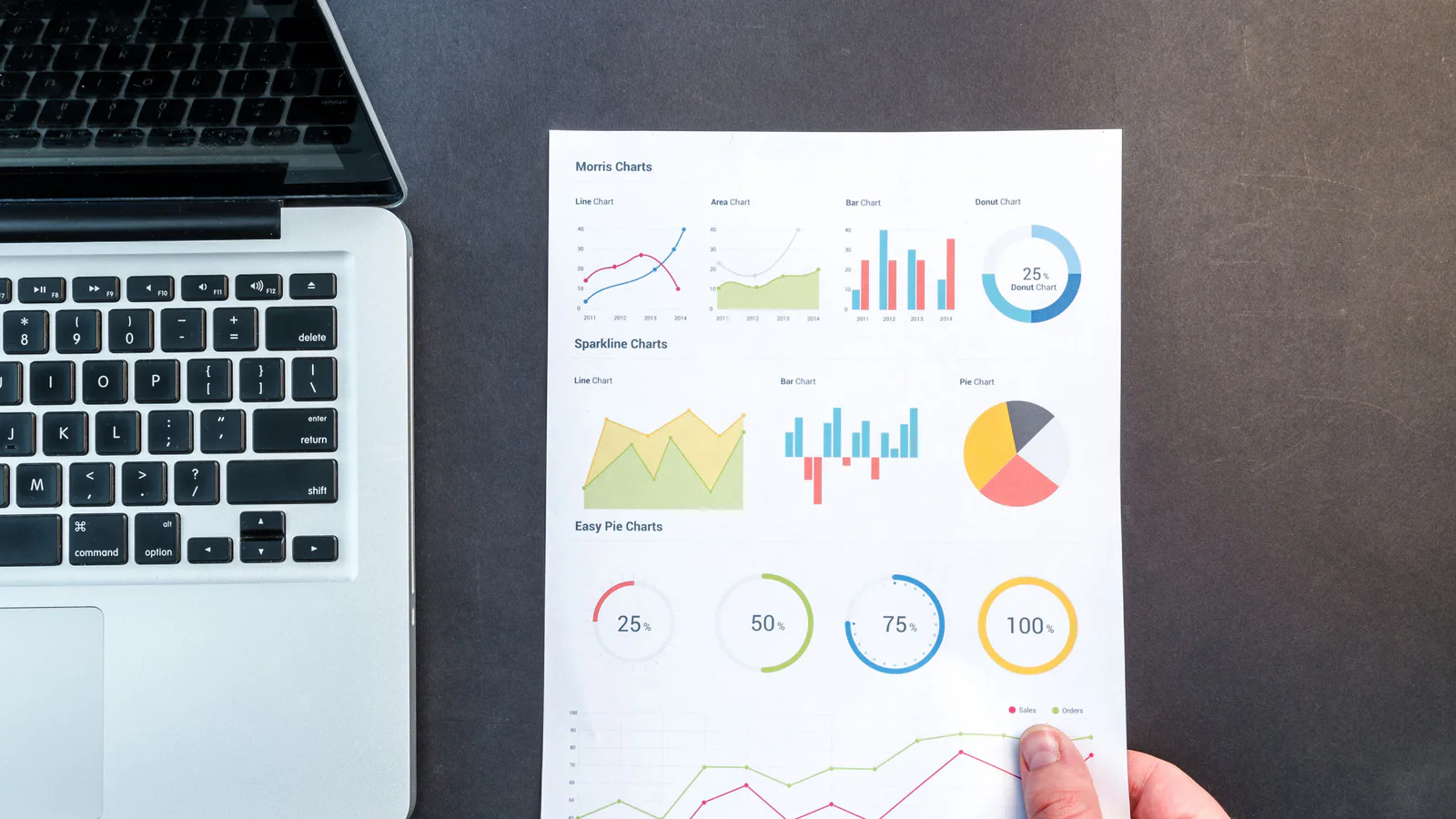 Printed charts and graphs beside a laptop on a desk