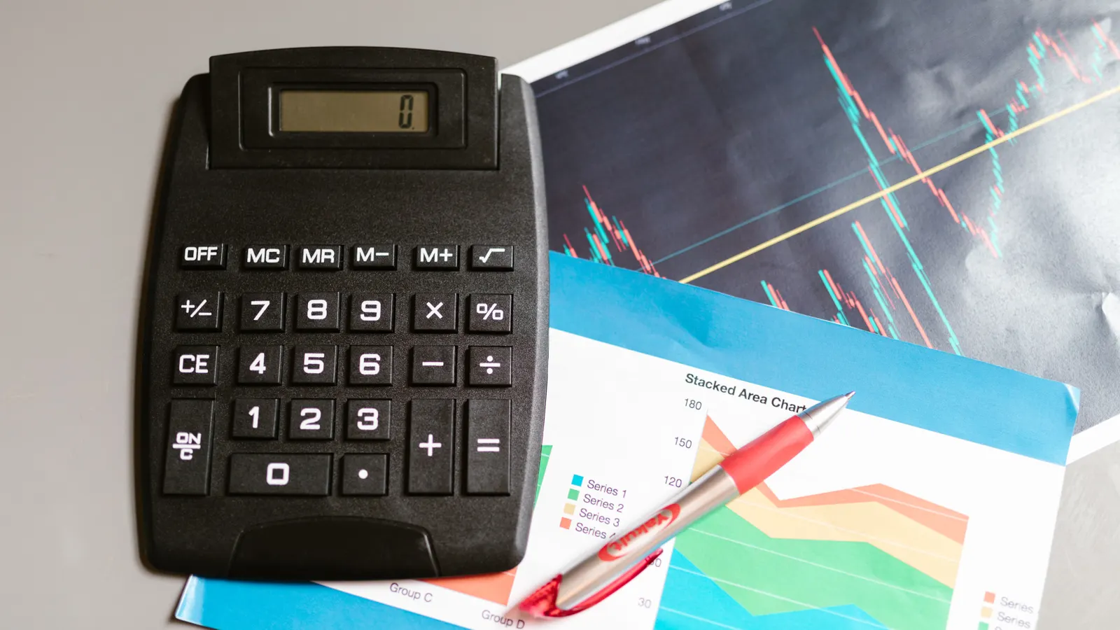 A calculator beside printed graphs and charts on a desk