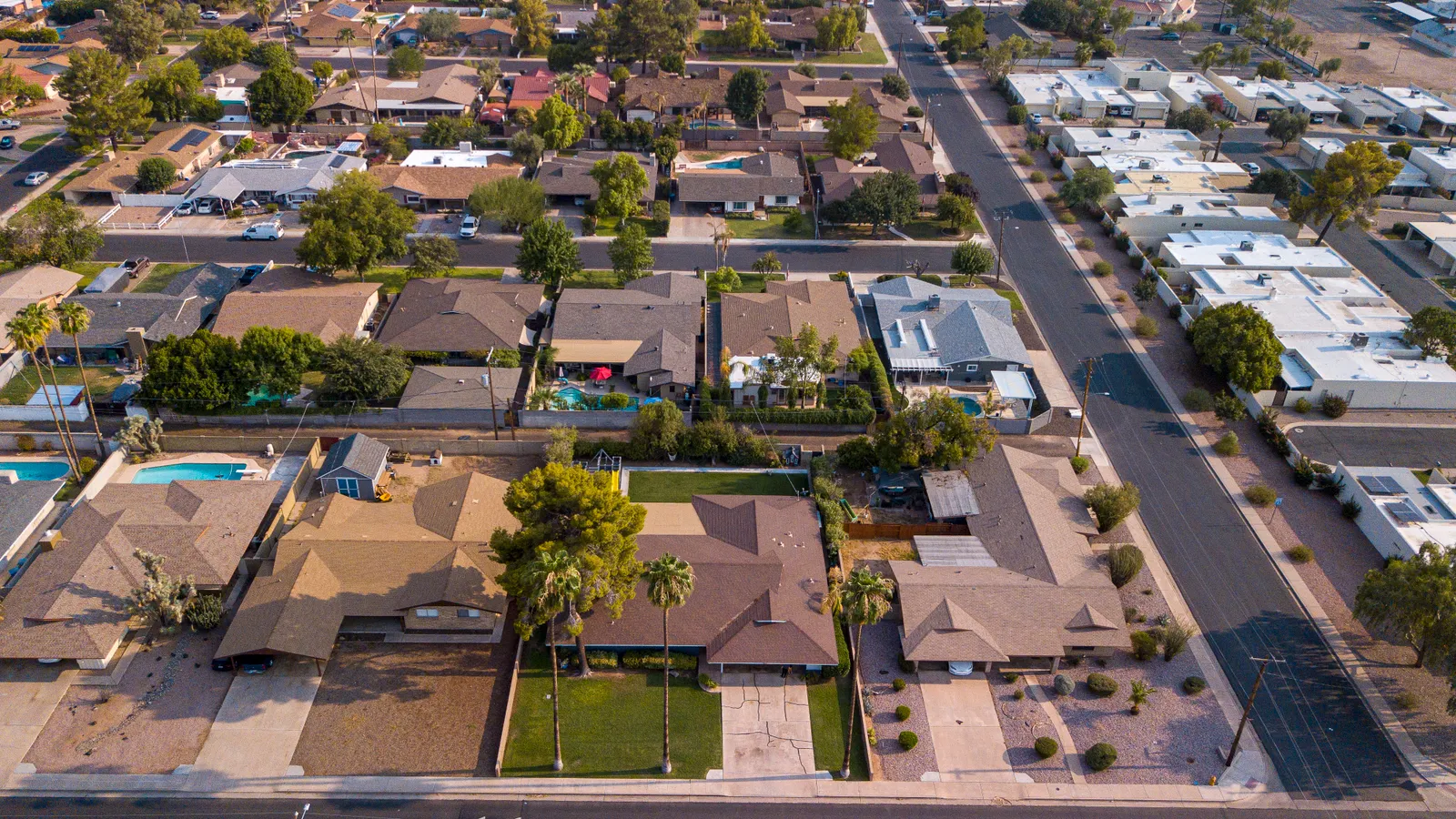 Aerial view of homes and streets in a residential neighborhood